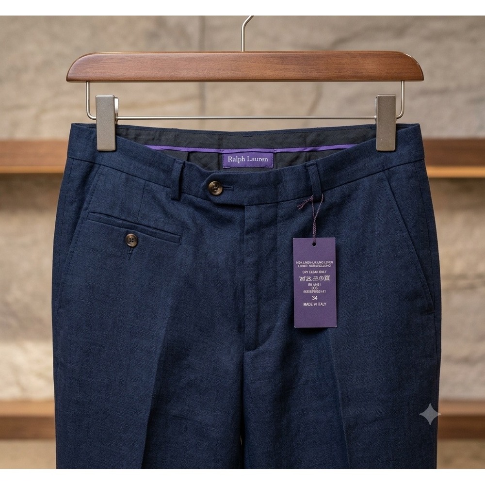 Ralph Lauren Purple Label S 34 Navy Blue Linen Pleated Cuffed Pants Italy LikeNe - Picture 2 of 16